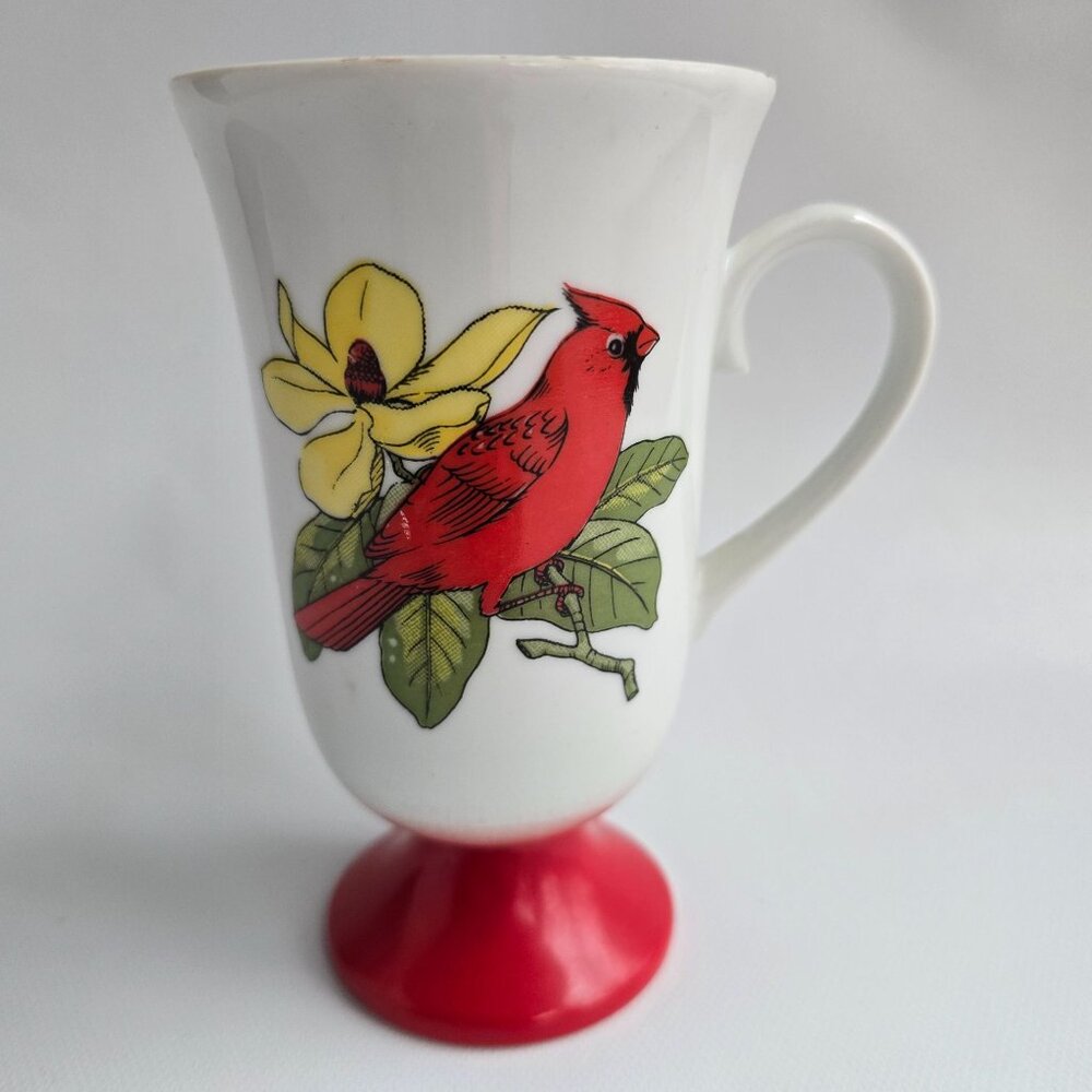 Vintage White Ceramic Mug With Red Cardinal On Yellow Flower Blossom Branch